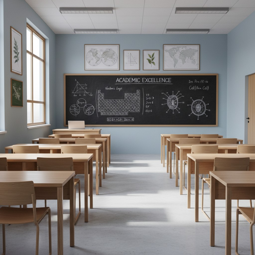A well-lit classroom with wooden desks and a blackboard displaying academic diagrams.