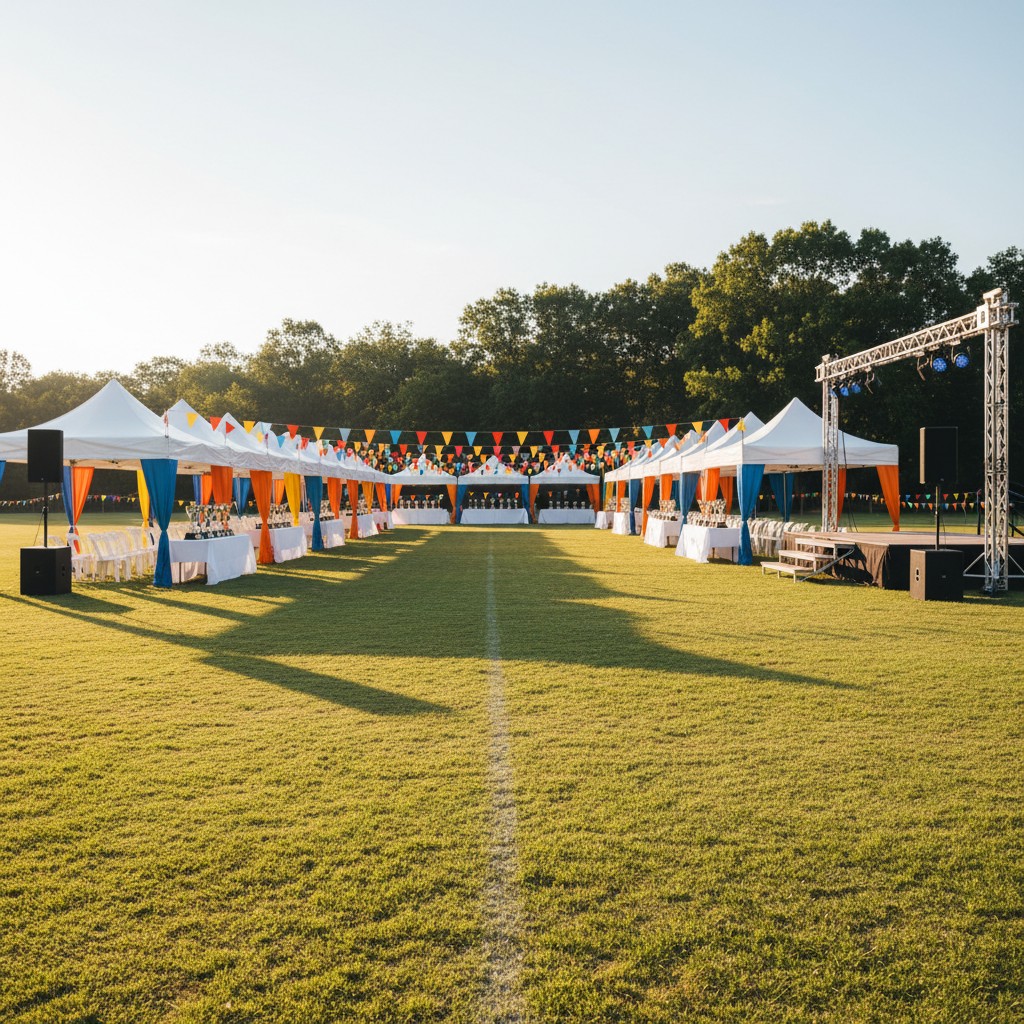 A row of white event tents on an outfield with a stage, covered in colorful bunting, on a sunny day.