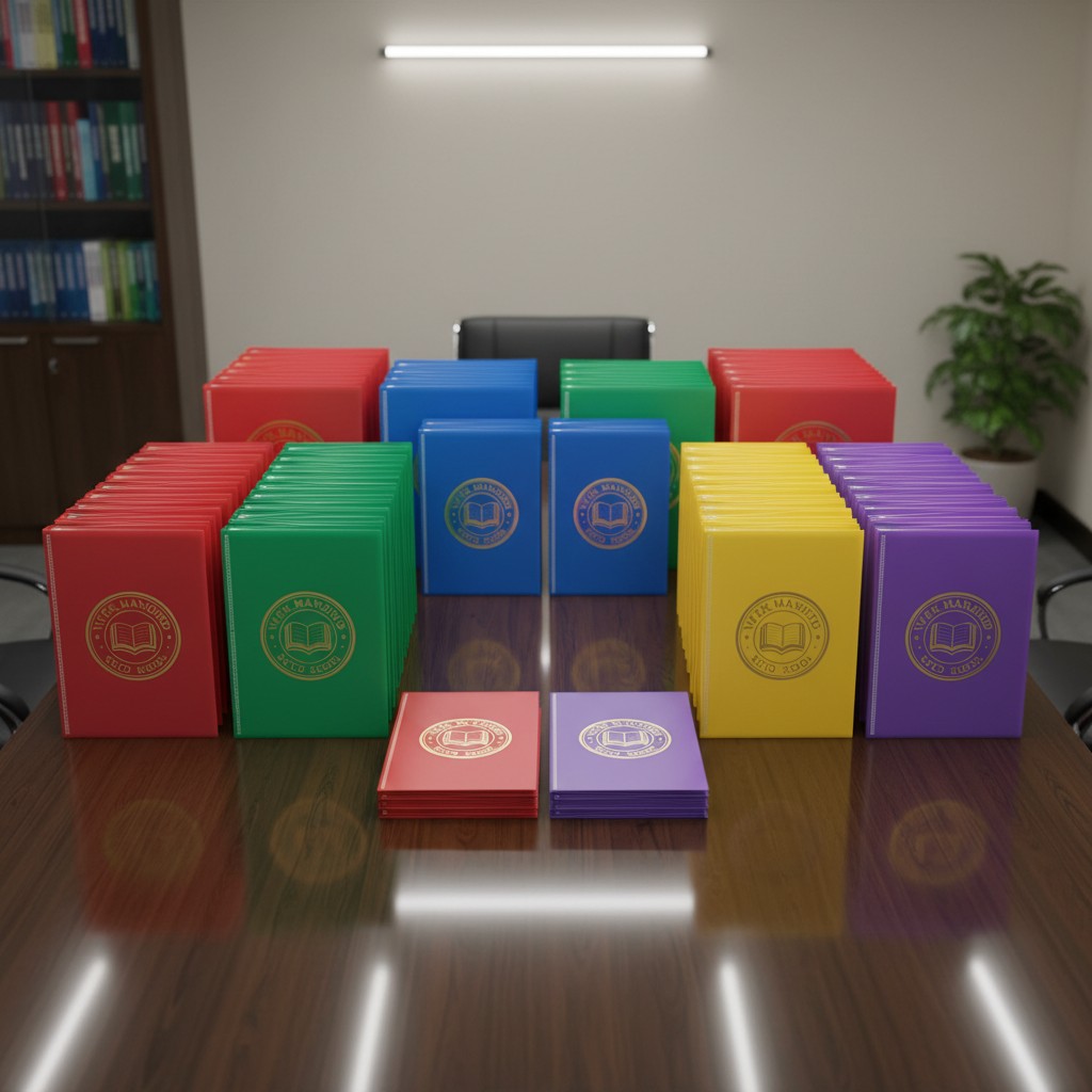 The image depicts rows of colorful book-shaped folders labeled "THE MANDO RECORDS" arranged on a table within an office se...