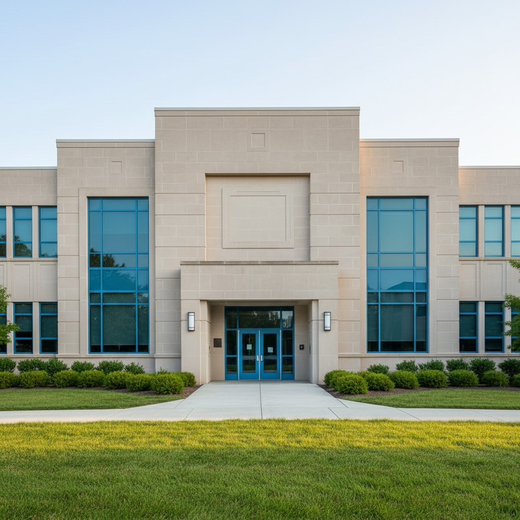 A tan stone modern building with blue trimmed windows and doors.