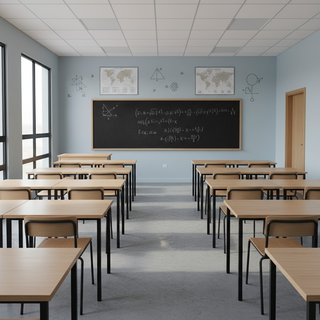A grade school classroom with rows of desks and chairs and a blackboard covered in long mathematical formulas and data and...