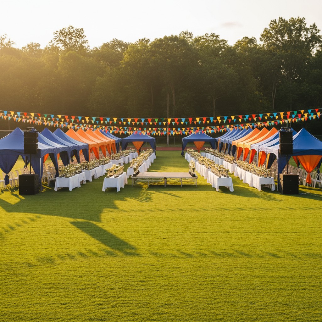 Event setup on green lawn with center stage, tents and tables.